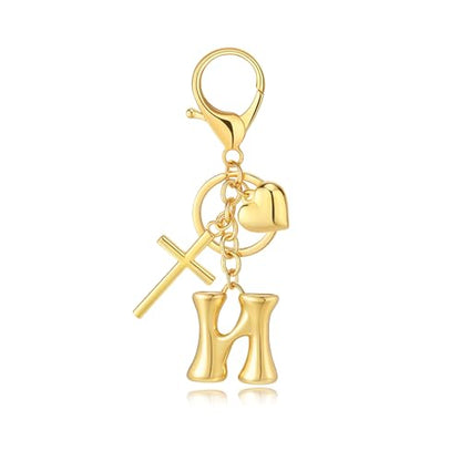 Initial Bag Charms Keychains Women, Cross Cute Heart Letter Key Chain Purse Backpack Handbags Keychain Christian Gift - color: Gold N