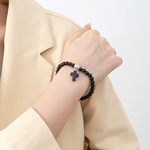 Softones 6mm Bead Cross Pendant Bracelet for Women Healing Stone Stretch Prayer Bracelet for Women,with Gift Box - color: Bright Black Matte