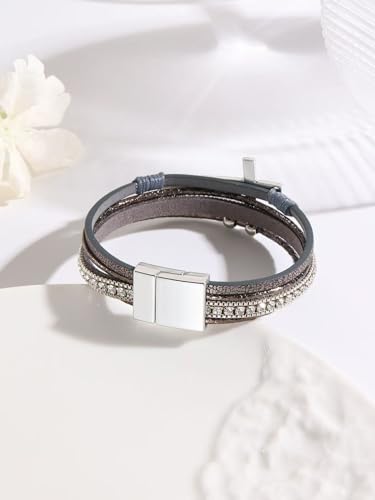 LINGYUAN Cross Bracelet for Women, Leather Religious Christian Jewelry - color: Gray