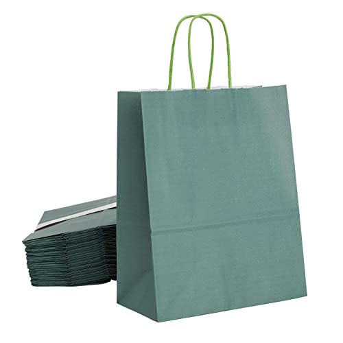 BLUE PANDA 25-Pack Dark Green Gift Bags with Handles, 8x4x10-Inch Paper Goodie Bags for Party Favors and Treats, Birthday Party Supplies
