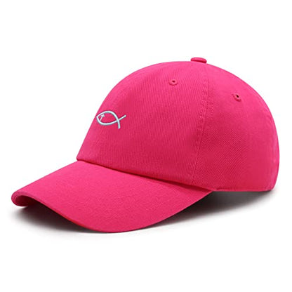 JPAK Jesus Fish Symbol Premium Dad Hat Embroidered Cotton Baseball Cap Symbol of Christianity - color: Hot Pink