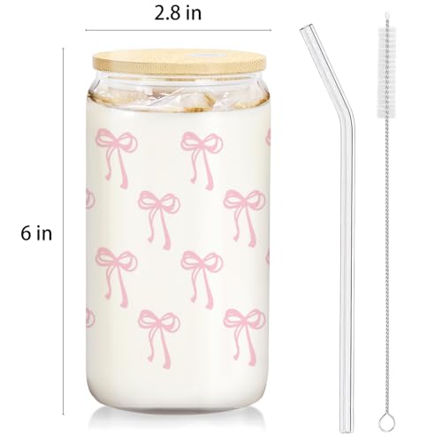 Pink Coquette Preppy Pink Bow Glass Coffee Cup With Lids And Straws 14oz,Pink Bow GiftsTrendy Glass Cup For Girls Bestfriend Sister Girlfriend - color: Pink Bow2
