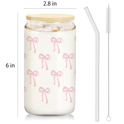 Pink Coquette Preppy Pink Bow Glass Coffee Cup With Lids And Straws 14oz,Pink Bow GiftsTrendy Glass Cup For Girls Bestfriend Sister Girlfriend - color: Pink Bow2