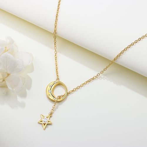 925 Sterling Silver Fashion Pendant Necklace for Women，Fashion Jewelry, 18K Gold Plated， Advanced Retro Series Link Chains ，Basic Multifunctional Accessories Suitable for Multiple Occasions and Daily Wear - color: Golden Star Moon Y-shaped Chain