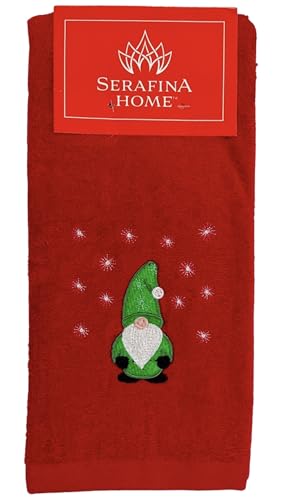 Christmas Red Guest Hand Bathroom Towels, Cute Festive Winter Gnome, 16x26" - color: Green Gnome on Red