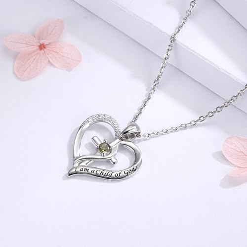 925 Sterling Silver I Am a Child of God Scripture Pendant with Birthstone Heart Cross Communion Necklace for Women Christian Faith Jewelry Gift - color: August