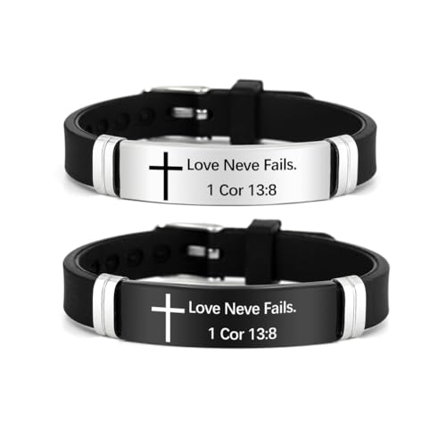 2Pcs Cross Bracelet with Bible Verse,Inspirational Quote Wristband Adjust Silicone Band Scripture Bracelets Faith Inspirational Baptism Gift Daily Reminder Jewelry for Men Women Couples - style: 1 Cor 13 8
