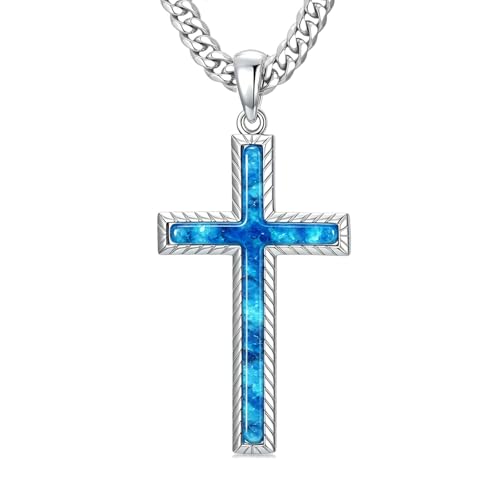 MRENITE Silver Natural Stone Cross Necklace, Classic Latin Cross Pendant Necklace for Unisex Women Man, Vintage Crystal Quartz Cross Necklace with 20+2 Inches Adjustable Cuban Chain - style: Blue Opal