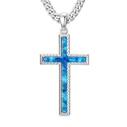 MRENITE Silver Natural Stone Cross Necklace, Classic Latin Cross Pendant Necklace for Unisex Women Man, Vintage Crystal Quartz Cross Necklace with 20+2 Inches Adjustable Cuban Chain - style: Blue Opal