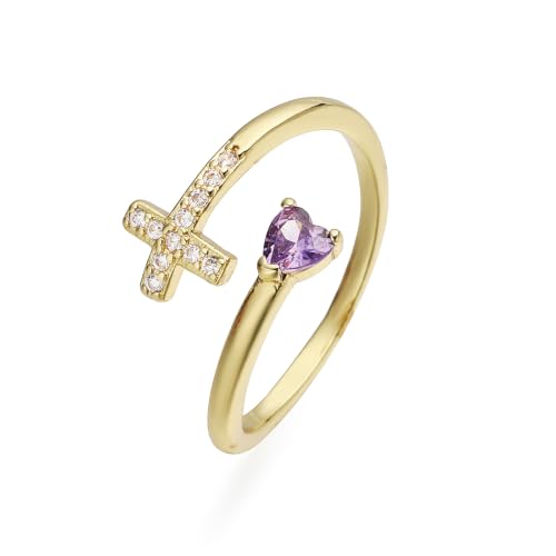 14K Gold Plated CZ Cross Heart Ring Eternity Promise Jewelry for Her - style: Purple Stone