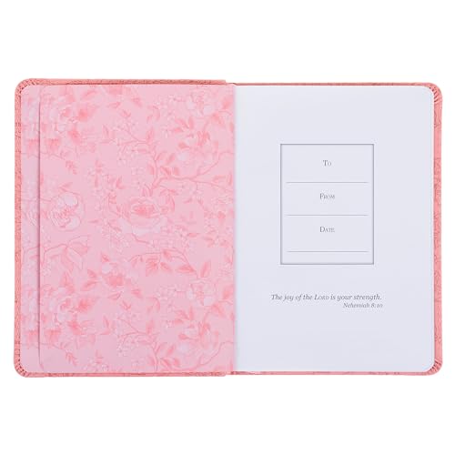 Christian Art Gifts Vegan Leather Small Journal Inspirational Scripture Women's Notebook More Precious Than Rubies Bible Verse Proverbs 3:15, 240 Ruled Pages, Strawberry Pink Floral