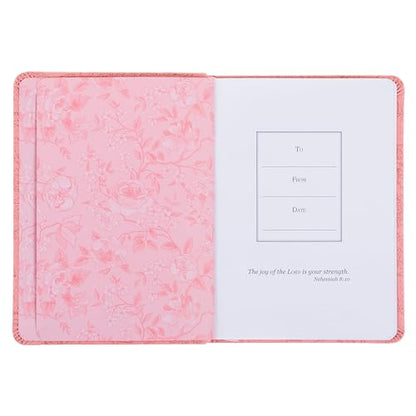 Christian Art Gifts Vegan Leather Small Journal Inspirational Scripture Women's Notebook More Precious Than Rubies Bible Verse Proverbs 3:15, 240 Ruled Pages, Strawberry Pink Floral