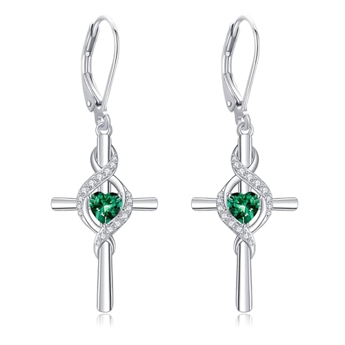 ONEFINITY Cross Earrings for Women 925 Sterling Silver Cross Birthstone Dangle Drop Earrings Infinity Cross Religious Jewelry Gifts for Women - color: 05-May-Created Emerald