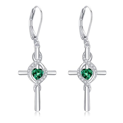 ONEFINITY Cross Earrings for Women 925 Sterling Silver Cross Birthstone Dangle Drop Earrings Infinity Cross Religious Jewelry Gifts for Women - color: 05-May-Created Emerald