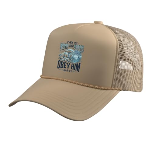 Christian Faith Bible Verse Jesus Wind and Waves Religious Trucker Hat with Adjustable Mesh Back - color: Khaki