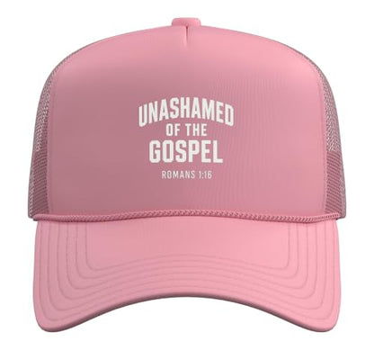 Unashamed of the Gospel, Christian Teen Romans 1:16 Trucker Hat with Adjustable Mesh Back - color: Pink