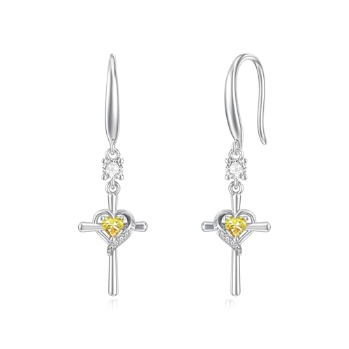 Seiyang Cross Birthstone Earring 925 Sterling Silver Cross Dangle Drop Earrings with 12 Months Birthstone Birthday Jewelry Gifts for Women Mom Her - color: 11-November, size: Style A