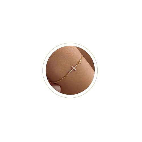 Moodear Cross Bracelet for Women, Dainty Sterling Silver/Gold Plated Gift - color: CZ Gold Cross Bracelet