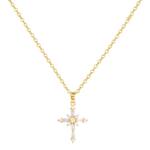 Cross Necklace for Women, Dainty 14K Gold Plated Cross Pendant Simple Long Necklaces for Women, Christian Faith Necklace Trendy Gold Jewelry Gifts for Easter - color: gold zircon cross-1