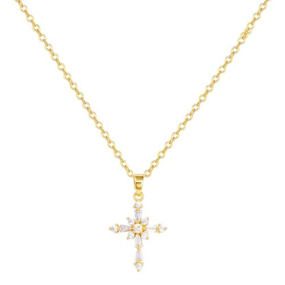Cross Necklace for Women, Dainty 14K Gold Plated Cross Pendant Simple Long Necklaces for Women, Christian Faith Necklace Trendy Gold Jewelry Gifts for Easter - color: gold zircon cross-1