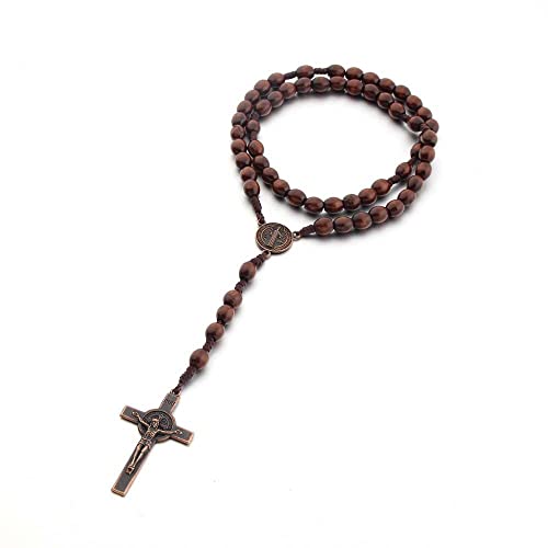 tenghong2021 Wooden Christian Catholic Rosaries Necklace Prayer Beads Holy Cross Catholic Wood for Men Women Pastor - color: Dark Brown