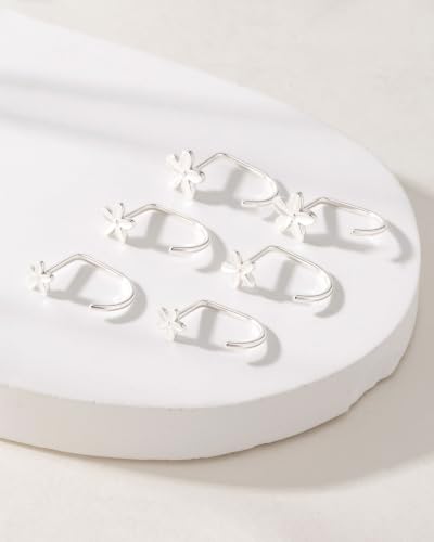 3 Pairs Backless Earrings for Women, Stay Close Half Hoop Earrings - color: Silver-Flower 4/5/6mm