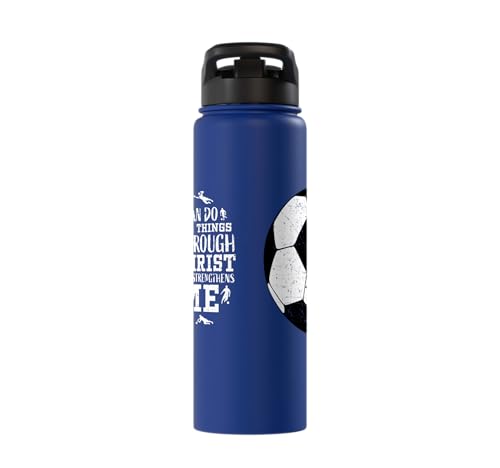 Christian Soccer Faith Graphic Bible Verse Philippians 4:13 Stainless Steel Insulated Water Bottle - color: Royal Blue