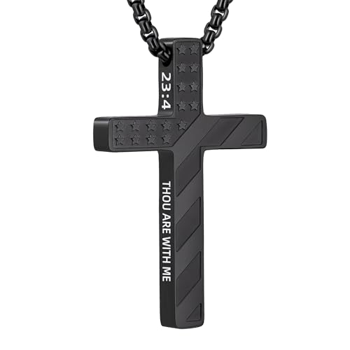 Cross Necklace for Men Black Gold Silver American Flag Pendant Chain Bible Verse Stainless Steel Necklaces Mens Stocking Stuffers for Christmas Christian Gifts - color: black, style: 23:4-