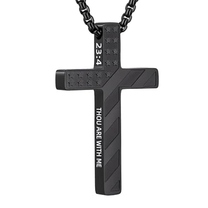 Cross Necklace for Men Black Gold Silver American Flag Pendant Chain Bible Verse Stainless Steel Necklaces Mens Stocking Stuffers for Christmas Christian Gifts - color: black, style: 23:4-