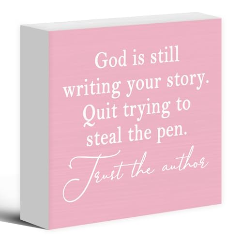 Luipk God Is Still Writing Your Story,Wood Box Sign Desk Decor, Christian Scripture Bible Verse Prayer Room Pink Wooden Block Sign Decorations for Home Office Wall Tabletop Shelf Decor - color: Pink, size: 5 x 5 in