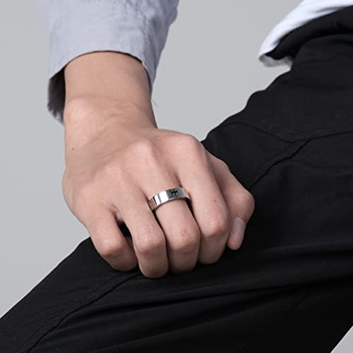 Men's Cross Ring Black/Silver Christian Wedding Band Stainless Steel - color: 6mm,silver