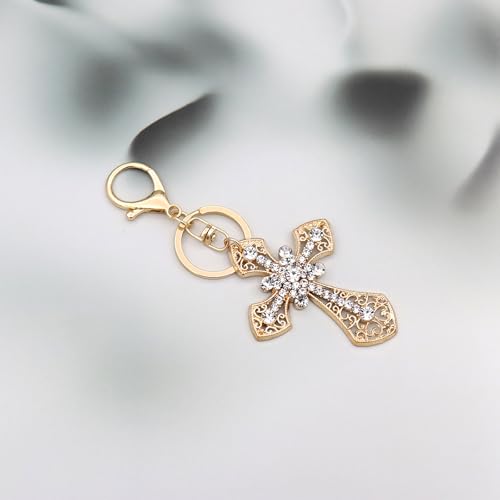 TTYY Stylish Rhinestone Cross Keychain - Sparkling Christian Car Key Ring for Women Men,Religious Gift for Purse Backpack Bag - color: Gold-2