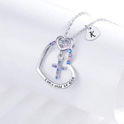 Cross Necklace for Girls | I am a child of God Necklace for Girls | Heart Letter initial | 18K White Gold Plated Pendant Jewelry First Communion Baptism Gifts Christmas Birthday Gifts for Girl Women - color: K