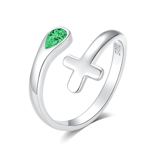 Jinlou Thumb Rings for Women - 925 Sterling Silver Birthstone Open Teardrop Encouragement Adjustable Ring Women Gifts for Teens Mom Birthday Mother's Day St Patricks Day - color: May, style: Cross CZ Ring