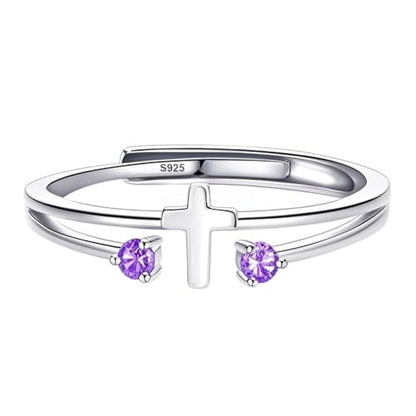 S925 Sterling Silver Cross Rings Birthstone Rings Christian Jewelry for Women Daughter, Easter Gifts, Confirmation and Baptism Gifts - color: 2-Feb