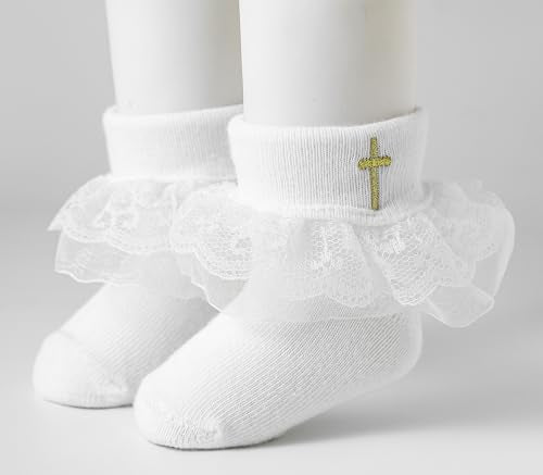 Baptism Socks for Baby Girls - White Newborn Christening Socks With Cross & Eyelet Frilly Lace - color: B-white