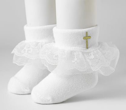 Baptism Socks for Baby Girls - White Newborn Christening Socks With Cross & Eyelet Frilly Lace - color: B-white