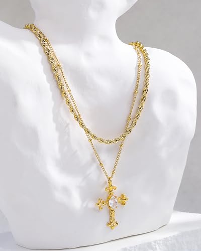 CONRAN KREMIX Waterproof Gold Layered Cross Necklace for Women Non Tarnish,14k Gold Plated Stainless Steel Dainty Cross Necklace Stack Necklaces Set for Women Christian Gifts Jewelry - color: Gold-Cross02