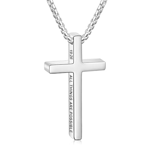 Avotto 316L Stainless Steel Bible Verse Cross Necklace Religious Jewelry Gifts for Men Boys, Silver Gold Black Mens Boys Necklace Non-Fading Sturdy Box Chain with Inspirational Cross Pendant 18+2Inch - color: Silver, style: 19:26