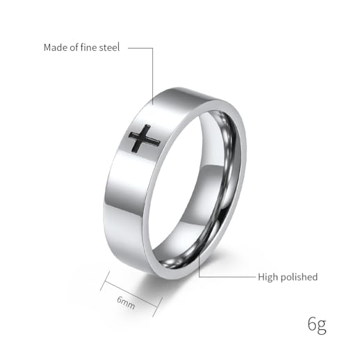 Men's Cross Ring Black/Silver Christian Wedding Band Stainless Steel - color: 6mm,silver