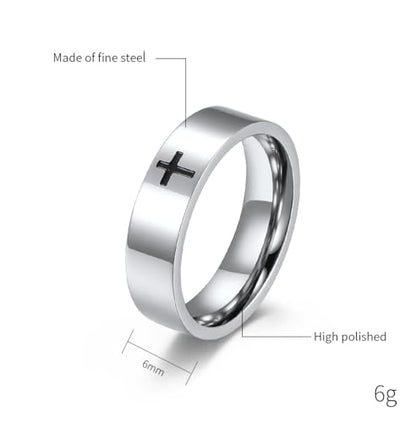 Men's Cross Ring Black/Silver Christian Wedding Band Stainless Steel - color: 6mm,silver