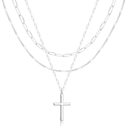 Poxtex Layered Gold Necklaces for Women, Stackable Dainty 14K Gold Silver Plated Trendy Simple Heart Diamond Cross Bow Circle Pendant Paperclip Choker Dot Chain Necklace,Jewelry Set Gifts for Women - color: Silver, style: Cross1