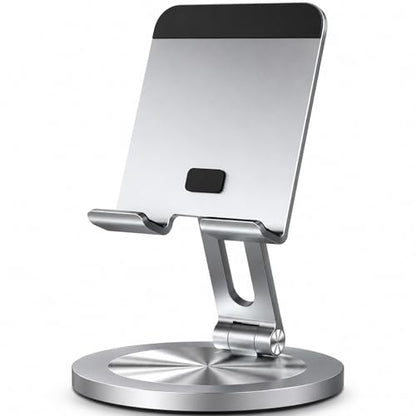 Phone Stand for Desk, 360° Rotating Dual Adjustable Foldable Cell Phone Holder, Heavy Solid All-Aluminum Base Anti-Slip Stable Support for Home Office Study, Fits iPhone Galaxy 4-8" Phones - color: Silver