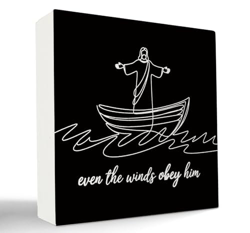 Inspirational Christian Jesus Wooden Box Sign, Bible Verse Even the Winds Obey Him Religious Wood Signs for Home Office Prayer Room Desk Shelf Tabletop Decoration, 5x5 Inch - color: Christian Jesus