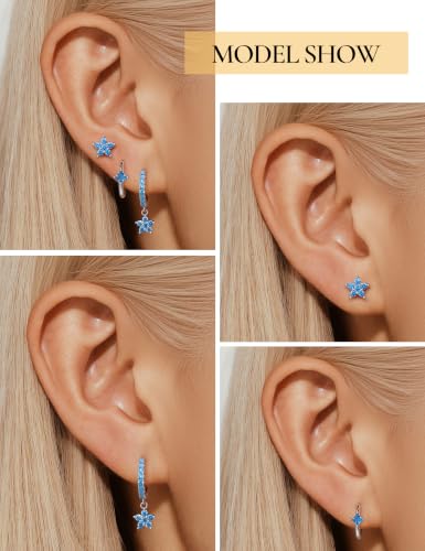 Angelady Gold Hoop Earrings Set for Women, Dainty 14K Gold Plated Flower Moon Cross Dangle Earrings, Hypoallergenic Huggie Hoop Earring Stacks, Stud Earrings for Women Trendy Jewelry Gift - color: Silver Blue CZ