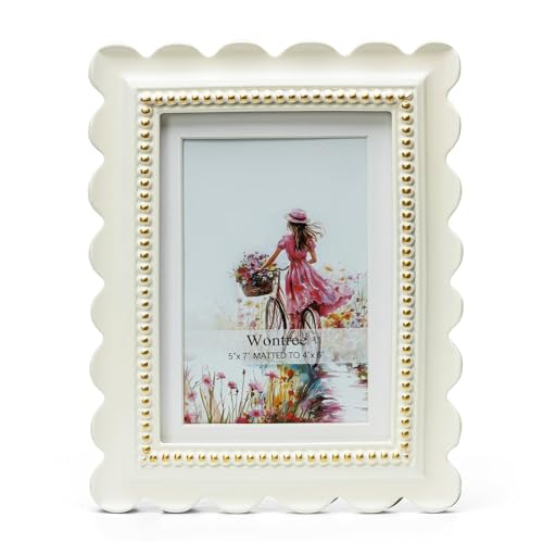 Wavy 5x7 Picture Frame White with Gold Beaded Trim, Resin Frame with Real Glass, Display 5x7 Photos Matted to 4x6, Vertical and Horizontal Desk Tabletop or Wall Hanging - color: White, size: 5x7
