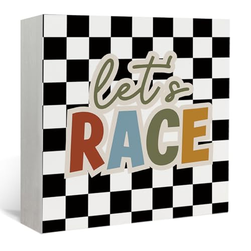 Lacama Race Car Room Decor, Let's Race Black Checkered Sign Decor, Race Car Playroom Wall Decor for Kids Nursery Bedroom Table Decor 5x5 Inches - color: Race Car-Let's Race (5x5)