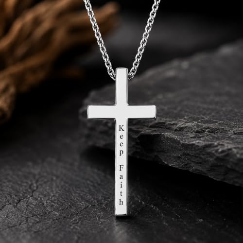 Engraved Cross Necklace for Men, Women & Boys & Girls Cross Necklace, Stainless Steel Cross Pendant Necklace, Faith & Inspiration Christian Jewelry Gift - color: Keep Faith