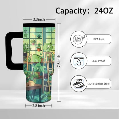 24 oz Green Frog Tumbler with Handle and Straw, Frog Themed Gifts - color: Frog