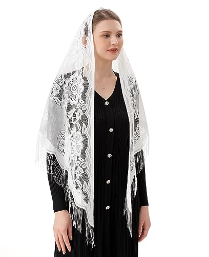 PAMOR Triangle Catholic Church Veil Chapel Veil Scarf Mantilla Veils Wrap Shawl Mass Head Covering with Fringe Trim - color: White